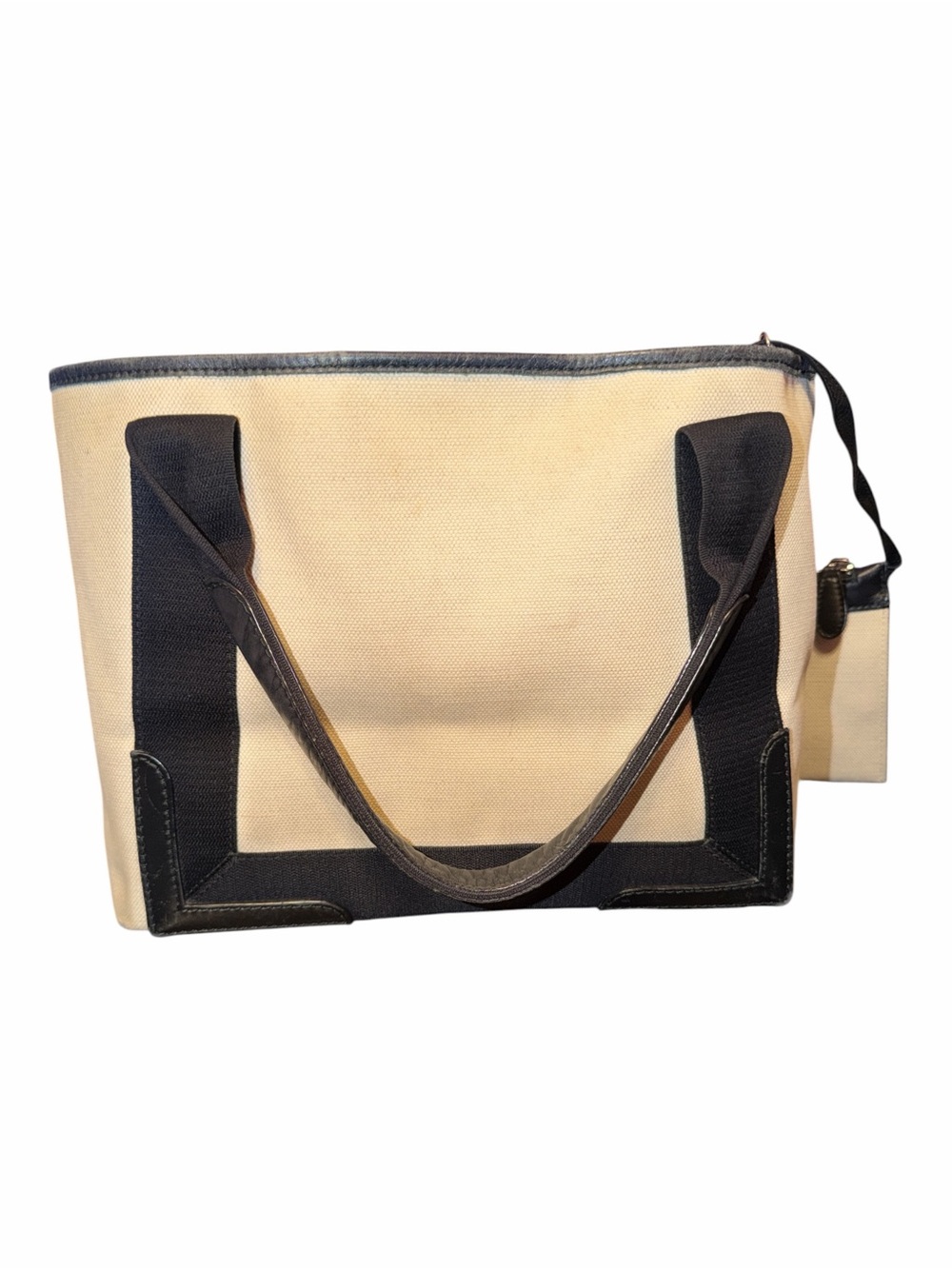 BALENCIAGA Canvas Navy Cabas Small Tote Bag w/ Pouch Black Leather Trim - Picture 3 of 10